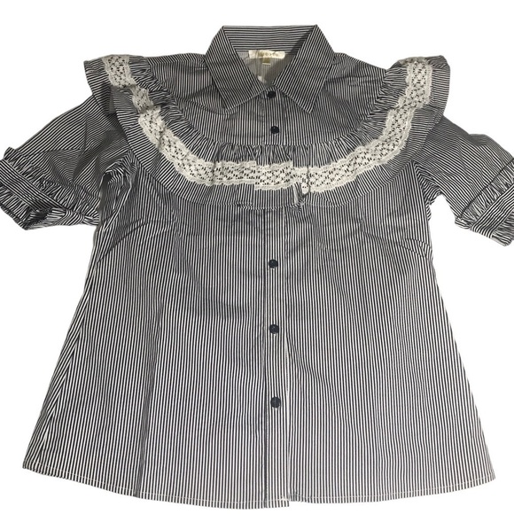 Deco Tops - Lace-Trim Striped Button-Front Women’s Top - Black/White